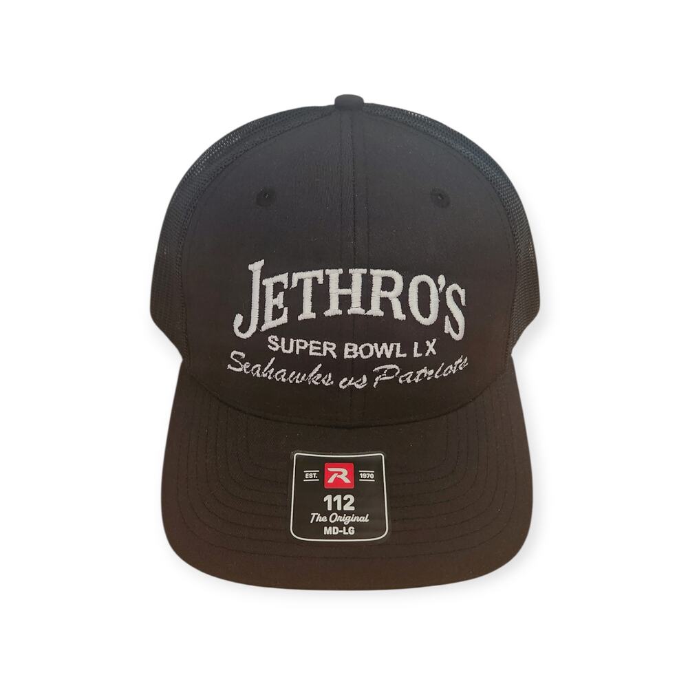 Jethro's Superbowl LX Seattle Seahawks New England Patriots Black Baseball Hat